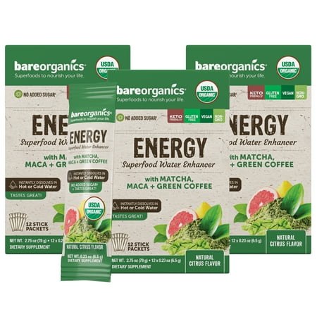 BareOrganics Energy Superfood Water Enhancer, 2.75 Oz, 3 Pack