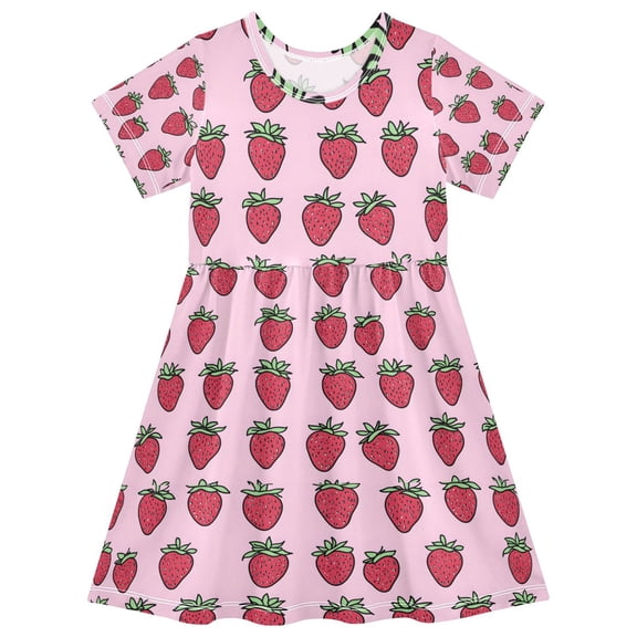 FORMRS Girls Short Sleeve Dress Summer Casual Round Neck A-line Beach Sundress, Sizes 2T-8T, Cartoon Strawberry