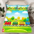 thumbnail image 2 of jejeloiu Colorful Cute Train Full Size Sheets,Cartoon Steam Truck Bed Sheets,Green Yellow Kawaii Tree Sheet Sets For Girls Boys,Ultra Soft Home Decor,4-Piece, 2 of 7