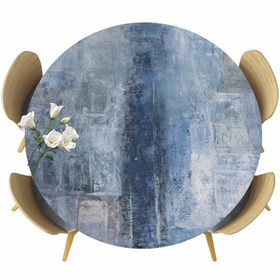 Blue Table Cloth, Round Fitted Tablecloths with Elastic Edge, Retro Oil Painting Modern Abstract Art Aesthetics Wipeable Waterproof Table Cover for Kitchen Wedding 36-44 Inches