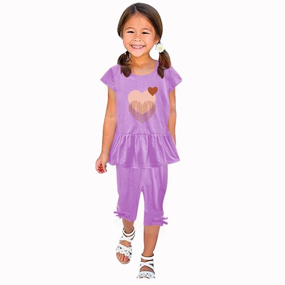 Zwiiyzr 1-10 Years Little & Big Girl Summer Outfits Heart Ruffle Short Sleeved Flutter Sleeve Elastic Waist Cropped Pants Daisy 2Pcs Clothing Set Purple