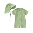 thumbnail image 2 of ATAIKU Baby Boys Swimsuit Solid Green Toddler One Piece Zipper Bathing Suit Short Sleeve Rash Guard Swimwear Sunsuit with Sun Hat, 2 of 9