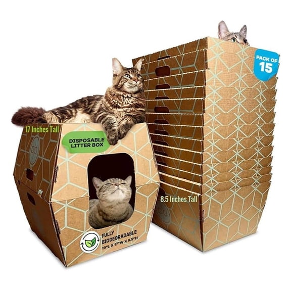 Disposable Cat Litter Boxes 15 Pack - Tallest Low Entry Design 19x17x8.5in - Leakproof Cat Litter Tray - Versatile Open/Closed Use - Cat Care Essentials