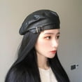 thumbnail image 2 of Women Beret Hat Leather Beret French Black Beret Artist Beret Cap, 2 of 4