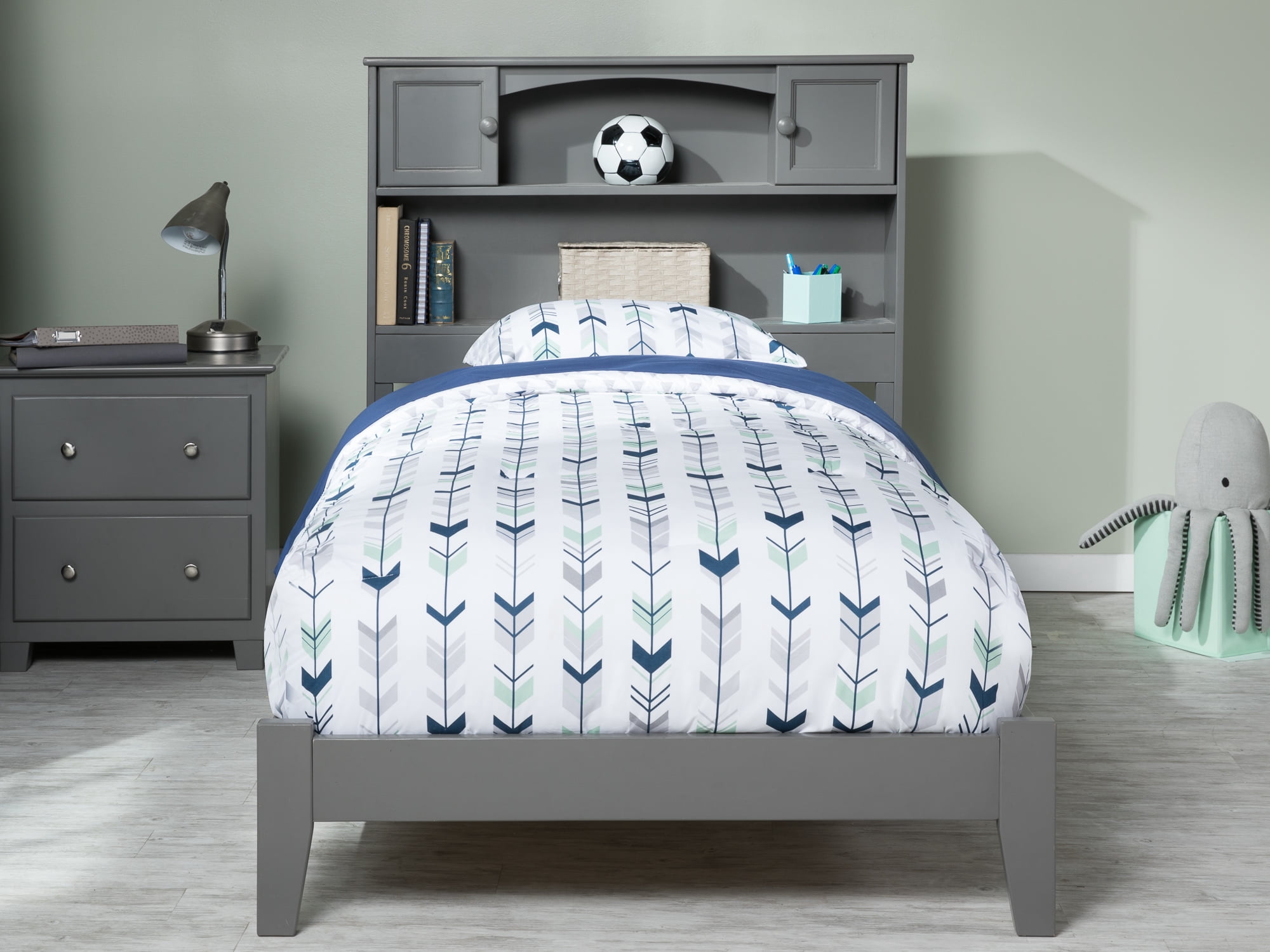 AFI Newport Twin Solid Wood Foundation Bed with Storage Headboard, Grey