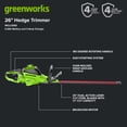 thumbnail image 4 of Greenworks 60V 26" Hedge Trimmer with 2.0 Ah Battery & 3 Amp Charger 2216602, 4 of 17