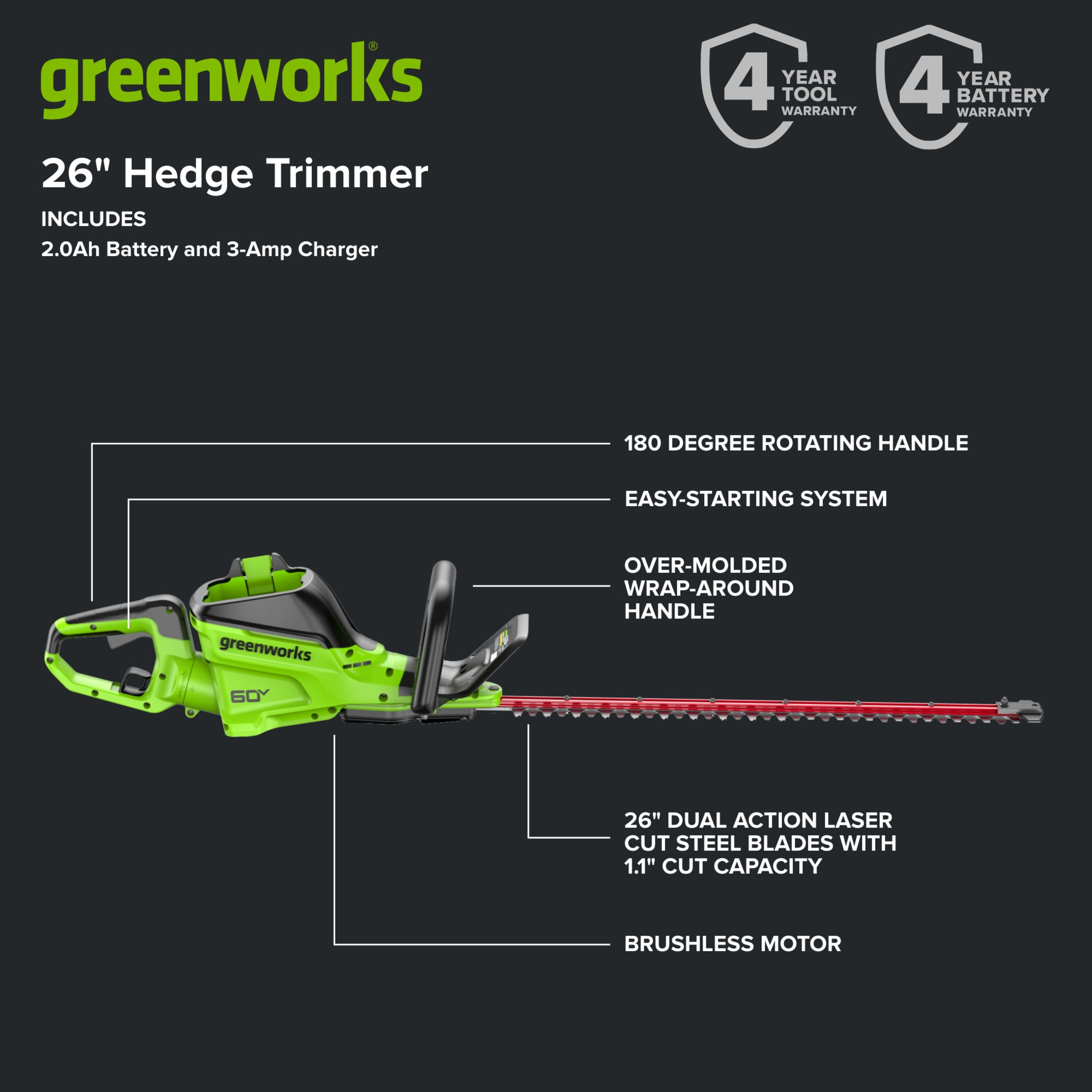 Greenworks 60V 26" Hedge Trimmer with Battery & Charger photo 3