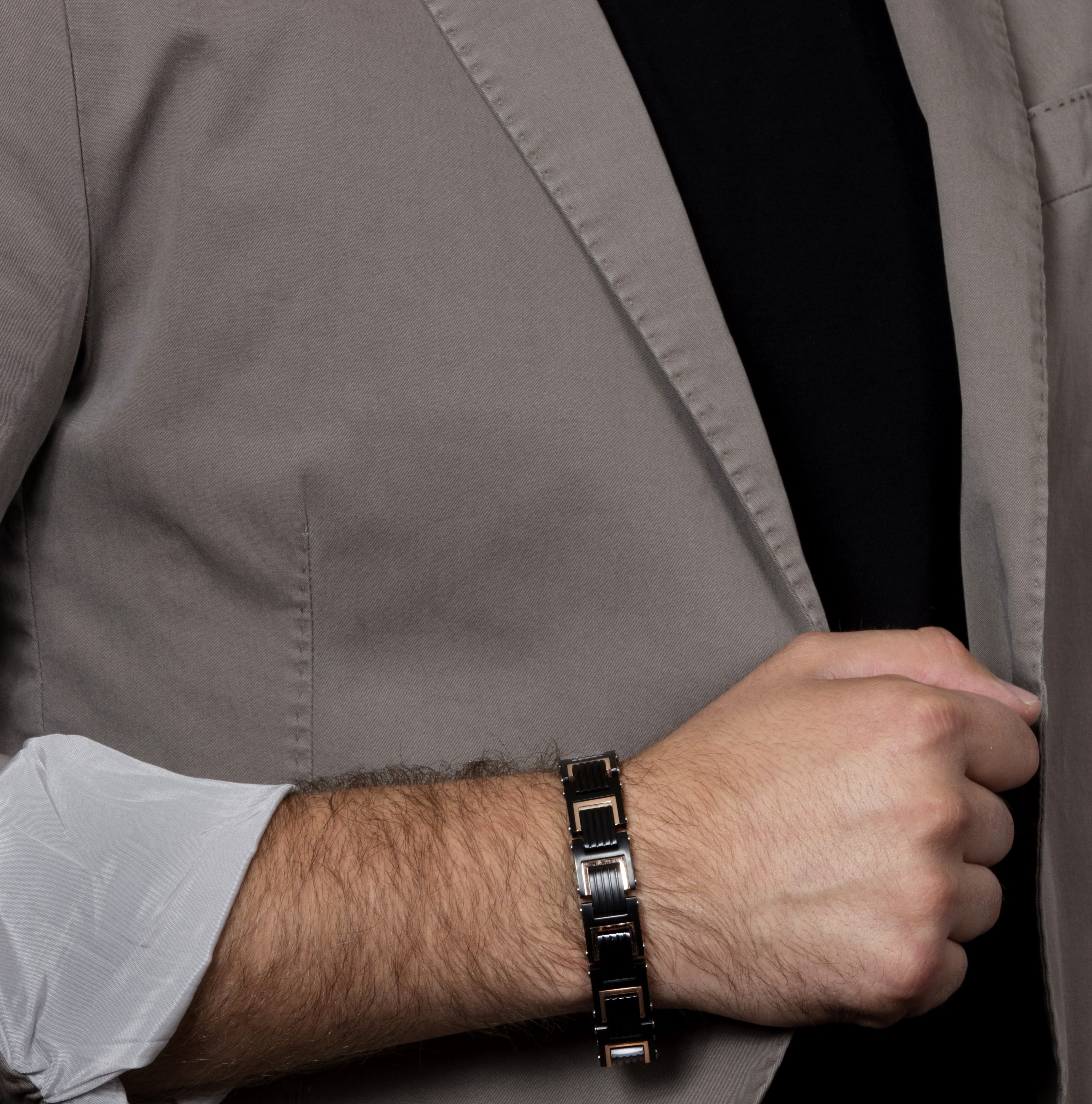Spartan Men's Black Stainless Steel Bracelet with Carbon Fiber and Rose Gold Accents