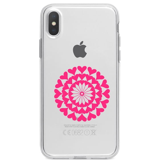 DistinctInk Clear Shockproof Hybrid Case for iPhone XR (6.1" Screen) - TPU Bumper Acrylic Back Tempered Glass Screen Protector - Hot Pink Hearts Mandala