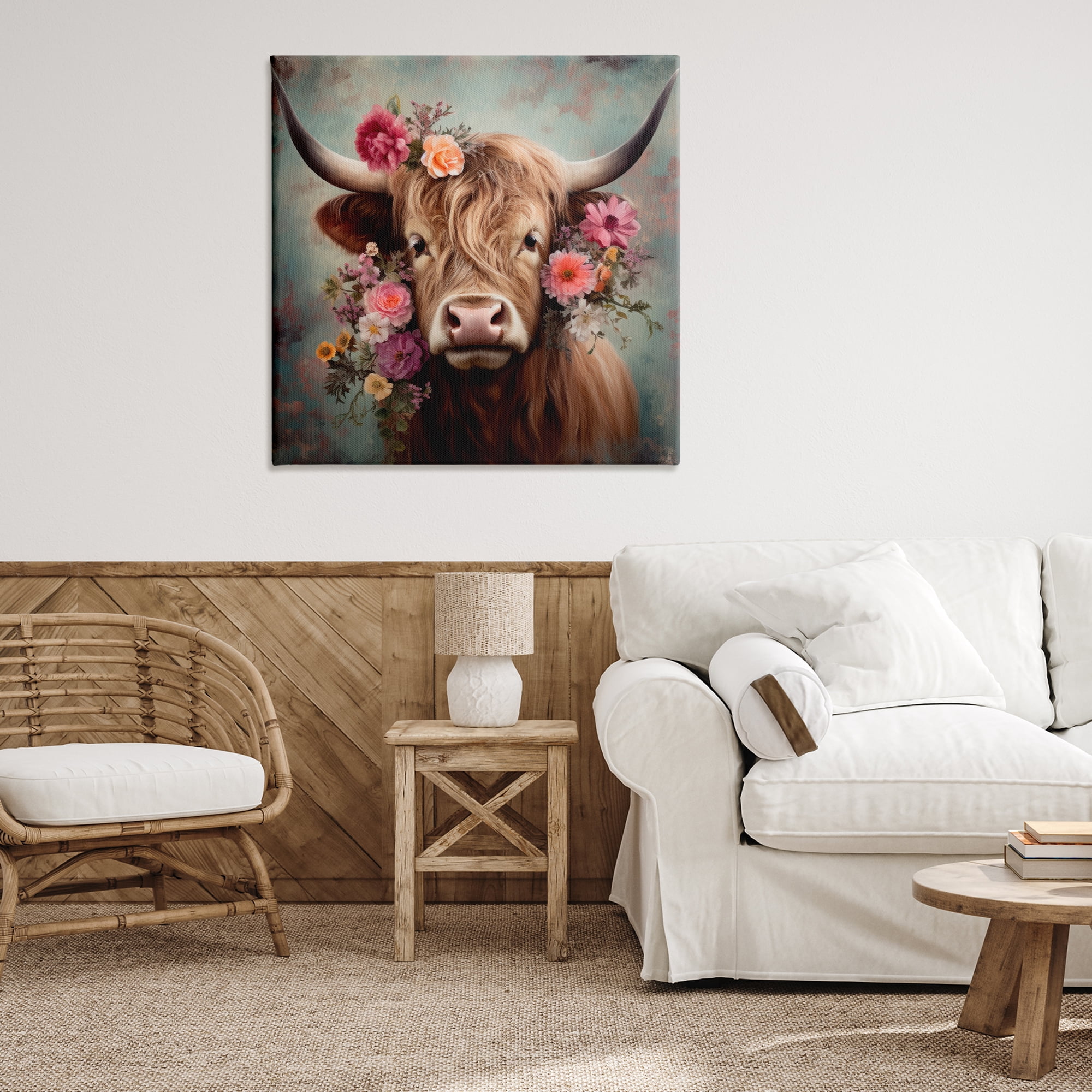 Stupell Industries Cattle with Gerbera Daisies Animals & Insects Painting Gallery Wrapped Canvas Art Print Wall Art, 36 x 36