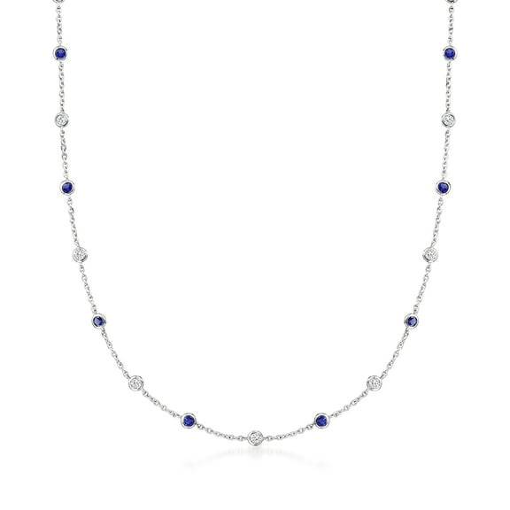 Ross-Simons 2.30 ct. t.w. CZ and 2.00 ct. t.w. Simulated Sapphire Station Necklace in Sterling Silver, Women's, Adult