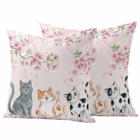 Outdoor Waterproof Pillow Covers Cute Cats Pink Cherry Blossom Branches Decorative Throw Pillow Protectors,Pillowcase Cushion Cases for Patio Sofa Garden Couch,16x16in,Pack of 2