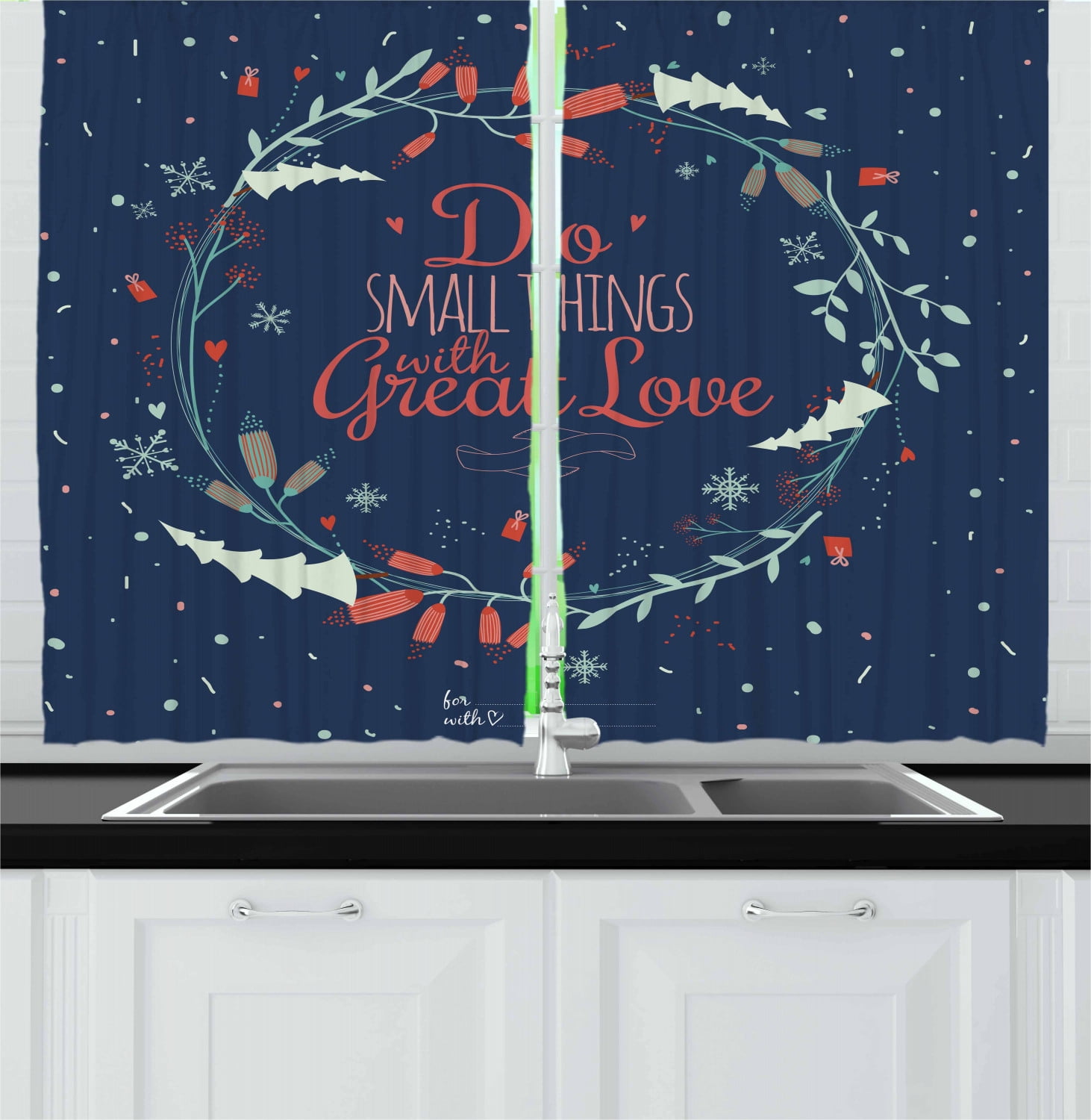 Quote Curtains 2 Panels Set, Romantic Floral Wreath with Laurel Leaves Loving Wishes Calligraphy Vintage, Window Drapes for Living Room Bedroom, 55W X 39L Inches, Navy Mint Green Red, by Ambesonne