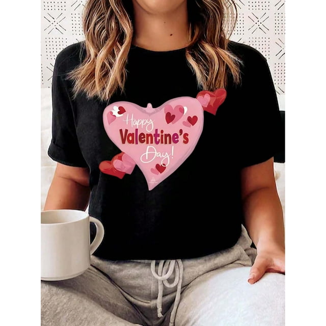Valentine's Day Theme Printed Women's T-Shirt, Women's Valentine's Day Gift Casual, Fashionable, Comfortable, Soft, Athletic, Fitness, Daily, Outdoor, Home, Breathable, Crew neck Short Sleeve T-Shirt