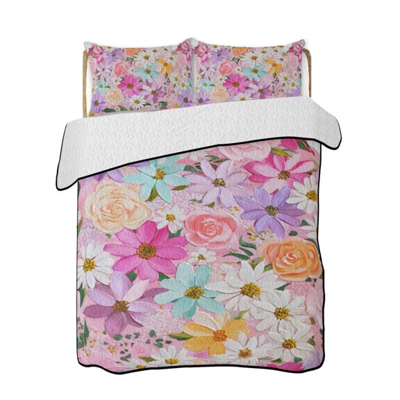 Twin XL Quilt Bedding Set, Spring Floral Reversible Summer Quilt 3 Pieces, Botanical Vintage Wildflowers Vibrant Lightweight Bedspreads Coverlets with 2 Pillow Shams for All Seasons