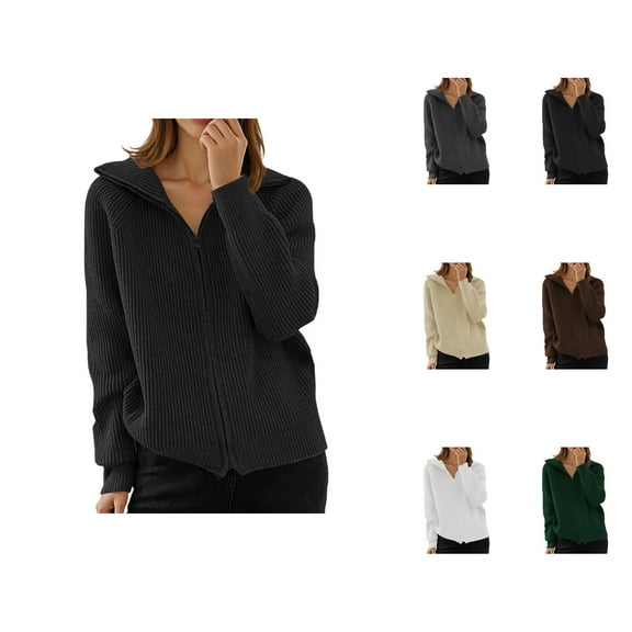 Cardigan Sweaters for Women 2025 Long Sleeve Zip Up Lapel Ribbed Knitted Sweater Jacket Coat Womens Cardigan Sweaters