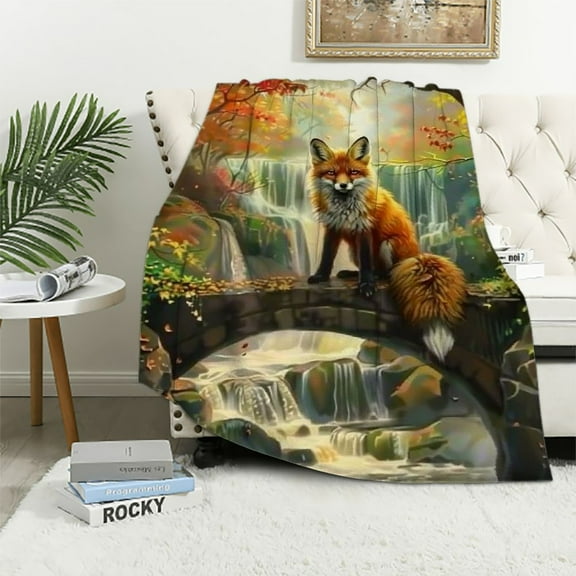 BCIIG Cute Fox Kids Throw Blanket,Waterfall Maple Leaves Floral Nature Bed Blanket for Boys Girls,Wild Animal Rustic Fleece Blanket,Colorful Farmhouse Fuzzy Blanket,Baby Size 40x50in