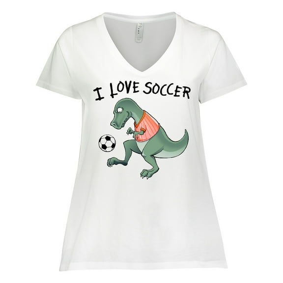 Inktastic I Love Soccer-Dinosaur in Orange Women's Plus Size V-Neck T-Shirt