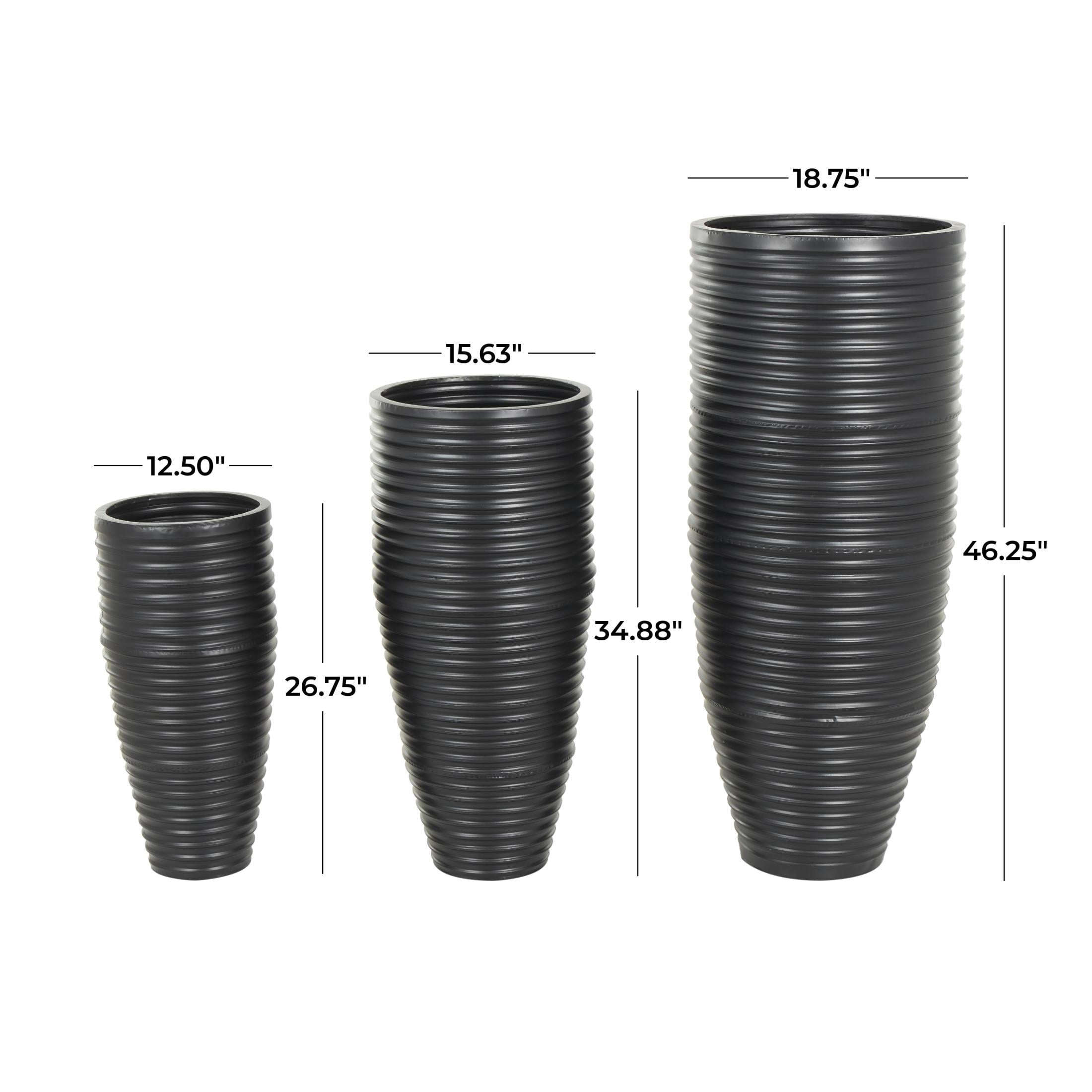 DecMode 46", 35", 27"H Ribbed Tall Floor Black Metal Vase with Horizontal Grooves, Set of 3