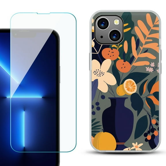 Slim-Fit TPU Phone Case for iPhone 14, with Tempered Glass Screen Protector, by OneToughShield ® - Flower Art