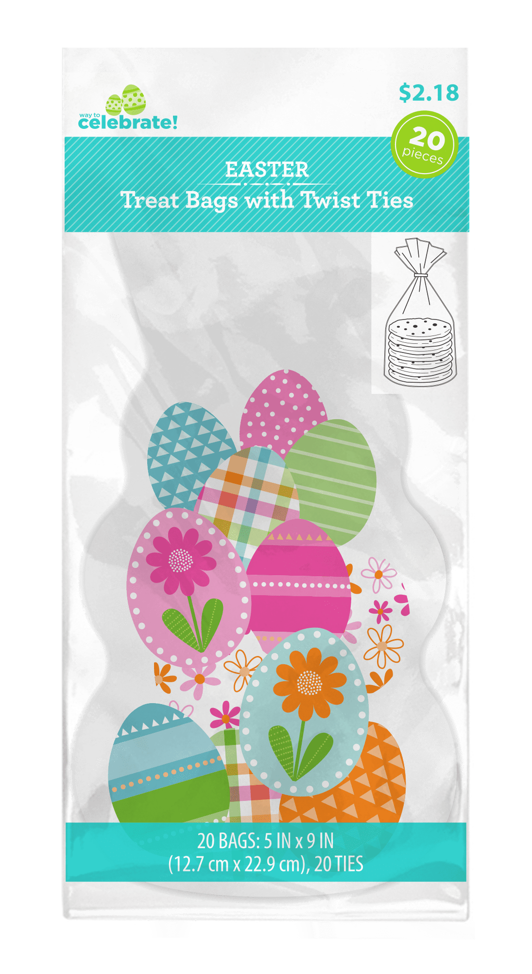 Way to Celebrate 20ct Shaped Cello Easter Treat Bags 5"x9" with 20