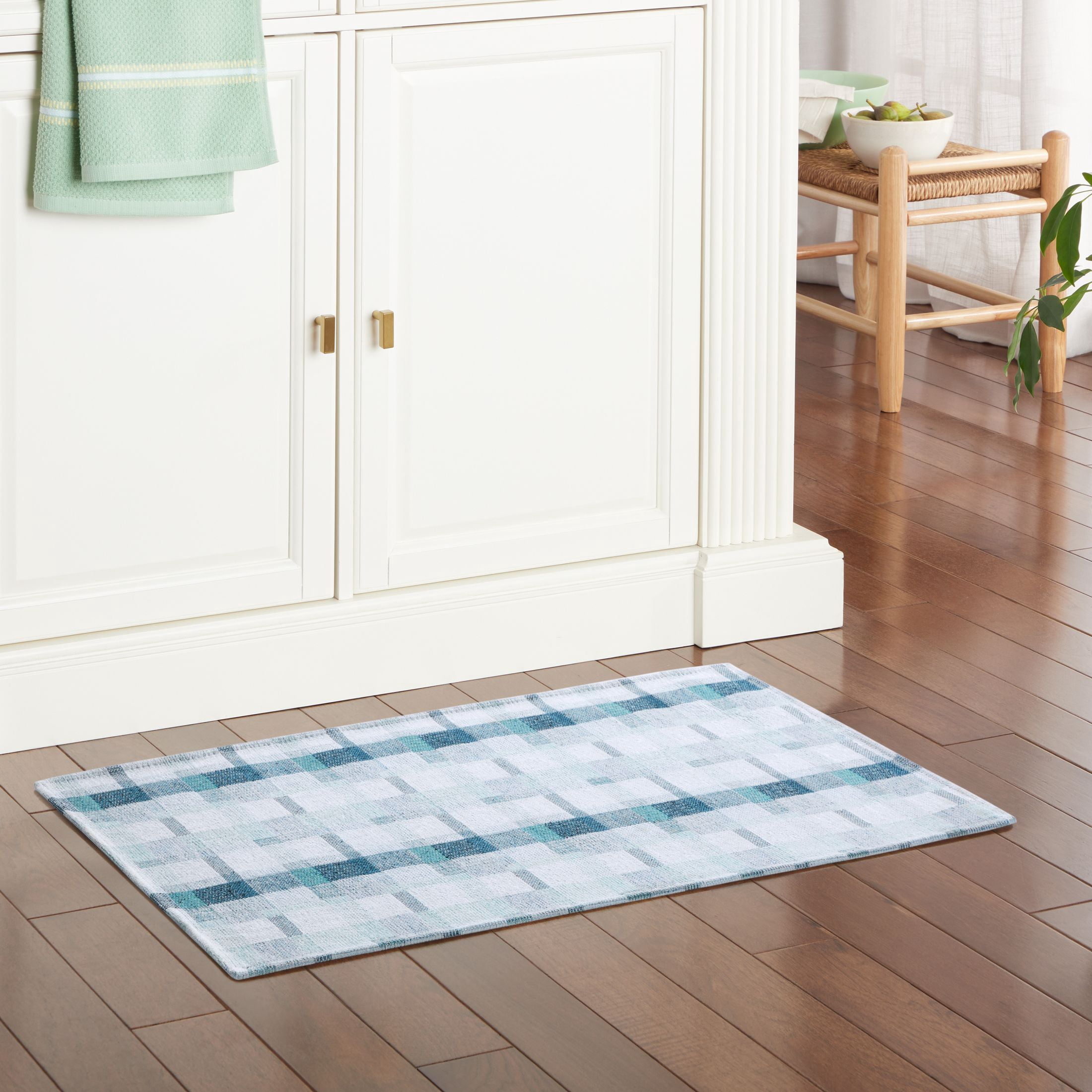 Martha Stewart Stella Owen Plaid Slip-Resistant Kitchen Mat, Blue/White, 20"x36"