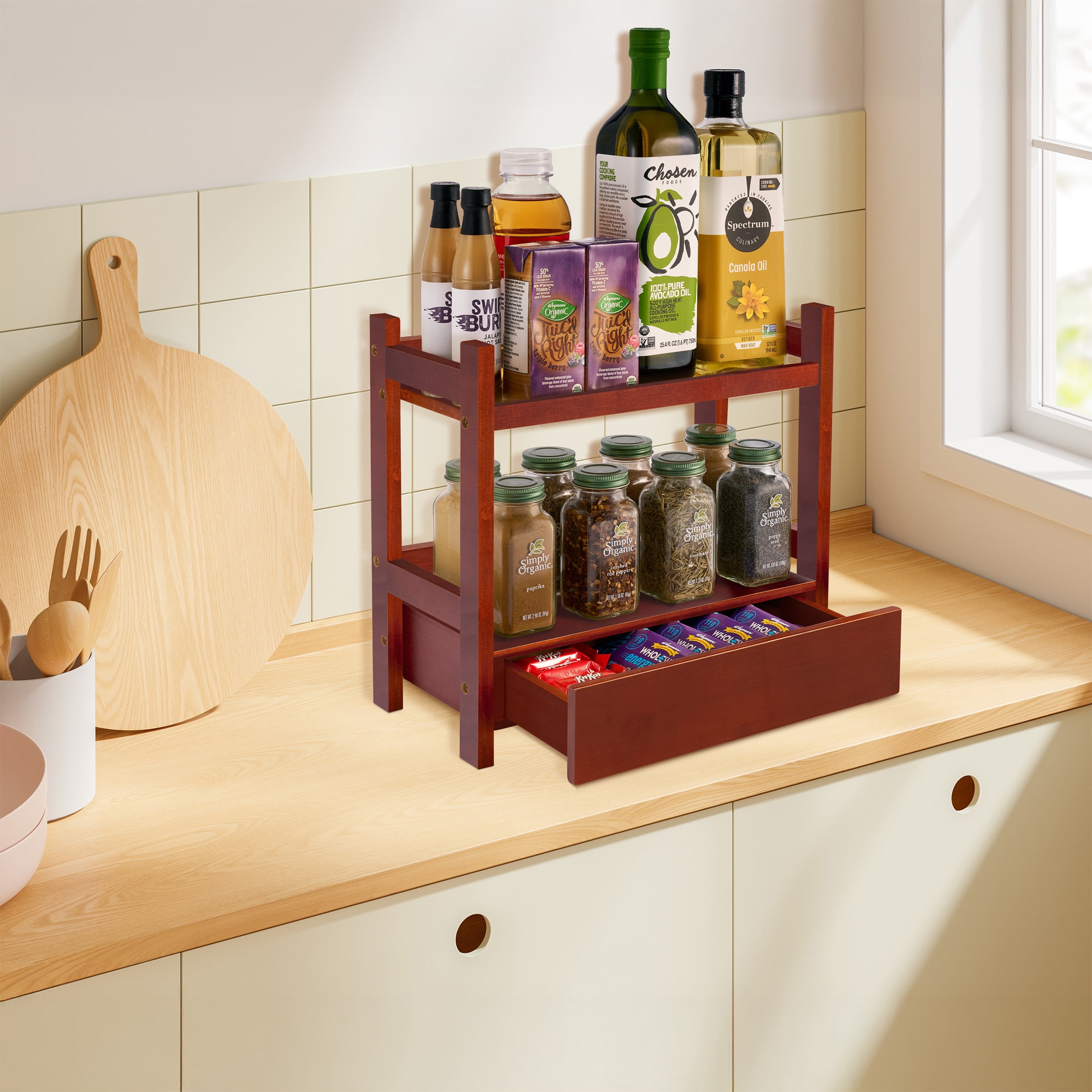 Sorbus 2-Tier 13" Bamboo Kitchen Organizer with Pull-Out Drawer, Brown