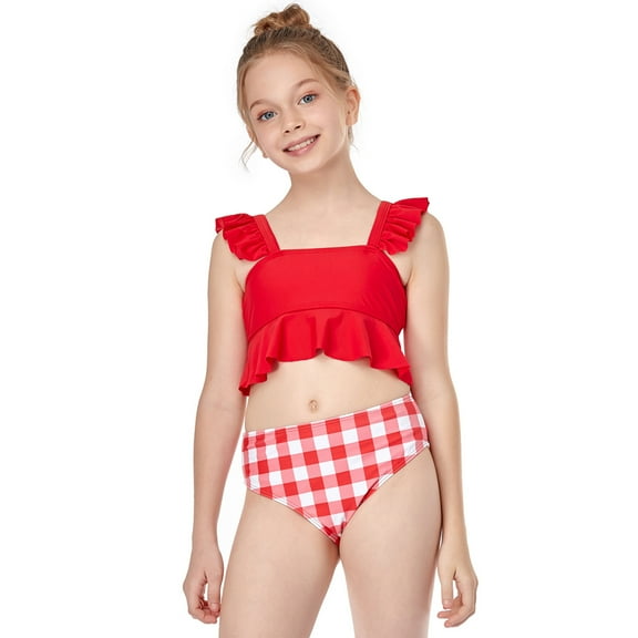 Joau Teen Girls Swimwear Ruffle Bathing Suits Sleeveless Tankini Top with Plaid Print Bottom Beach Wear Two Piece Split Swimsuit for 2-12T