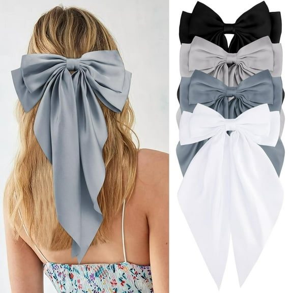 Hair Bows for Women Girls, 4Pcs White, Navy Blue, Grey, Black Silky Satin Big Hair Bows Clips, Oversized Hair Ribbons with Long Tail, Hair Accessories Gifts