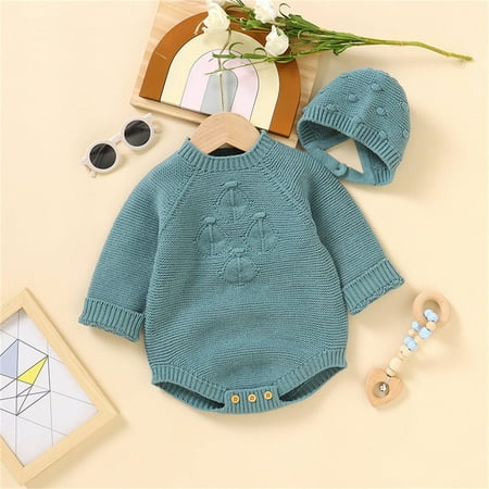 

MARCUVMK Autumn And Winter Boy s And Girl s Baby Solid Color Jumpsuit Baby Long Sleeve Bodysuit Triangle Clothing Knit Climbing Suit And Hat Womens Winter Clothes
