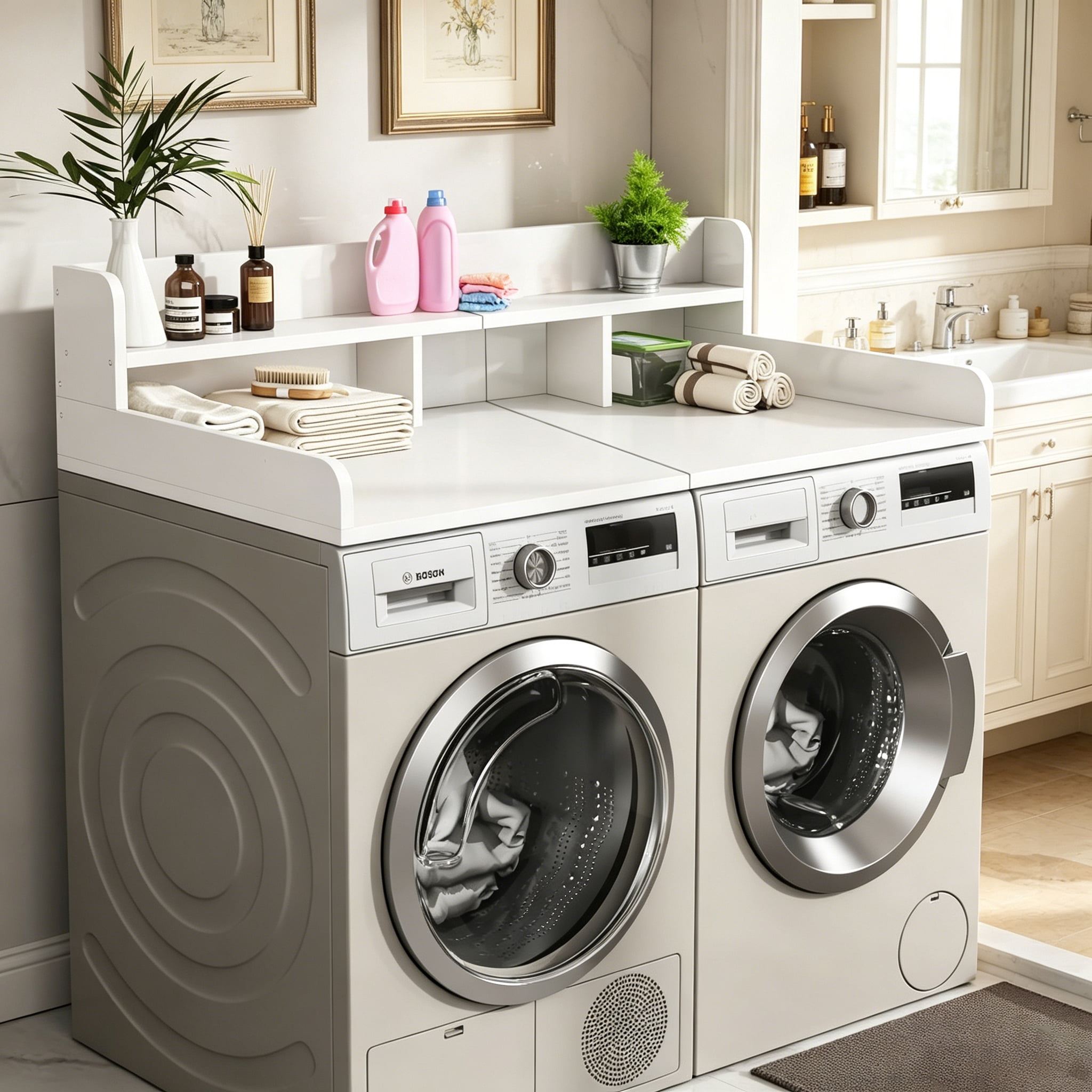 GVCXZBSS Washer Dryer Countertop Organizer - 58” x 28” White MDF Shelf Topper