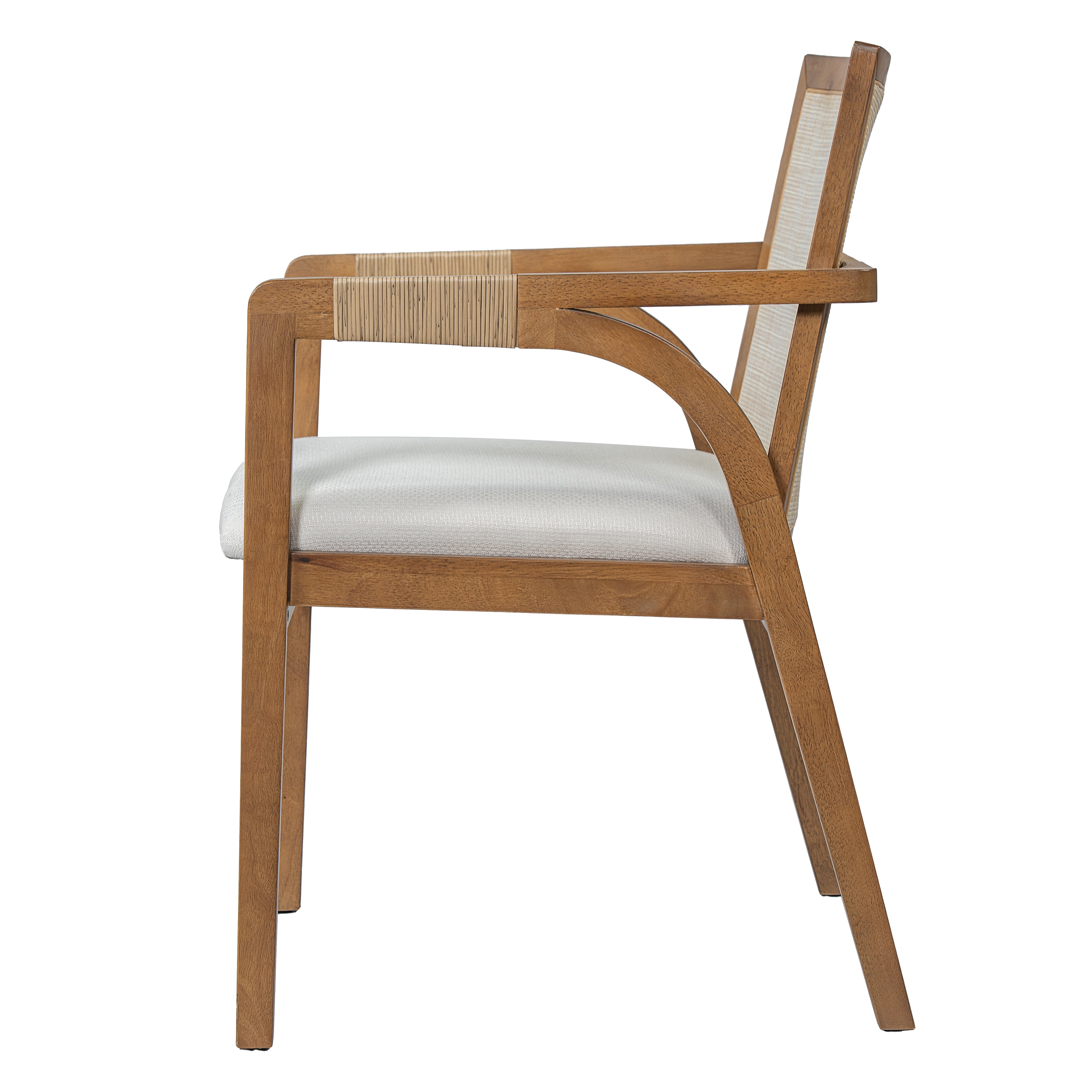 Dining Arm Chairs Set of 2, Rubber Wood Frame Dining Chairs with Textilene Back, PE Rattan Decor Armrest, Upholstered Fabric Cushion, Indoor Kitchen Dining Chairs, Walnut Frame with Beige Cushion