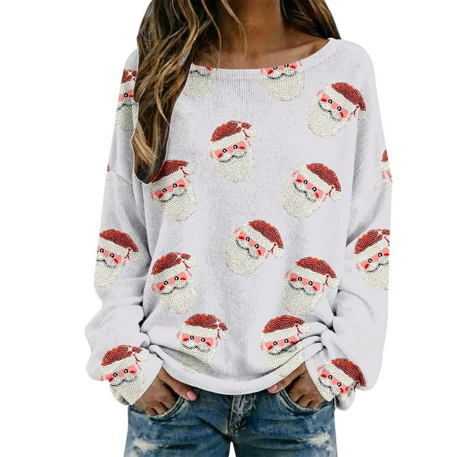 Hauts, T-Shirts et Chemisiers pour Femmes Décontractés à Imprimé de Noël, T-Shirt à Col Rond, Chemise à Manches Longues, Chemisiers Grande Taille pour Femmes, Blanc, G
