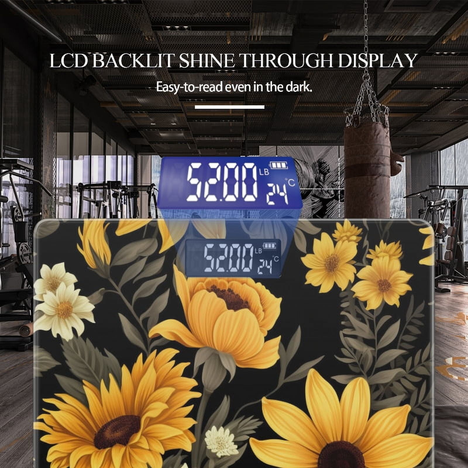 Bathroom Scale, Highly Accurate Digital Body Scale,Precisely Measures Weight up to 400 lbs-Sunflowers And Yellow Flowers On Black Background