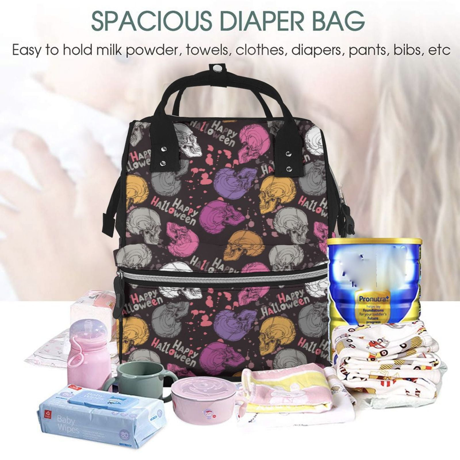 Fuzoiu Halloween Skeleton Print Diaper Bag Backpack,Baby Essentials Travel Tote,Multi function Waterproof Diaper Bag, Travel Essentials Baby Bag - Unisex