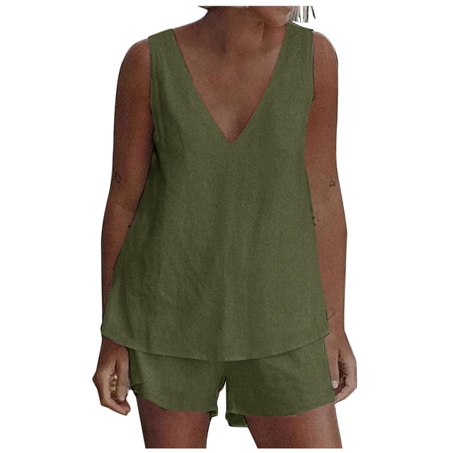 Mujeres Casual Verano Cuello en V Sólido Sin mangas Tops y pantalones cortos Conjunto de dos piezas Traje Wmkox8yi bvn1161