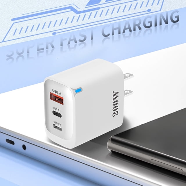 200W 1A+2C Multi Port Fast Charger, Compact USB Wall Charger with Smart Power Delivery, Portable Travel Power Adapter for Phone Tablet Laptop, White