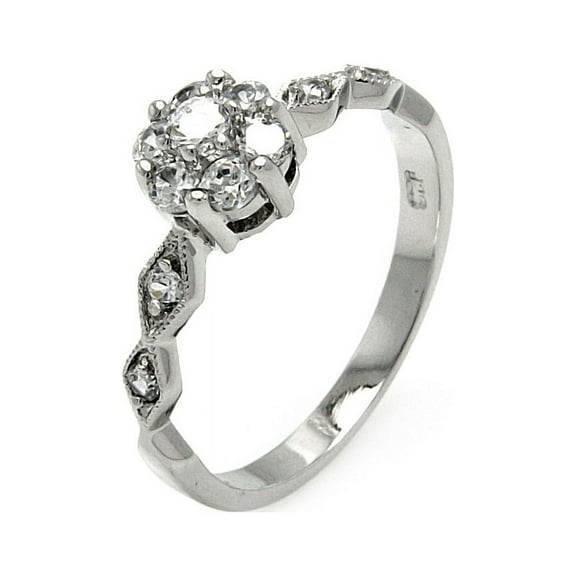 Round Clear Cubic Zirconia Cluster Flower Ring Rhodium Plated Sterling Silver Size 9
