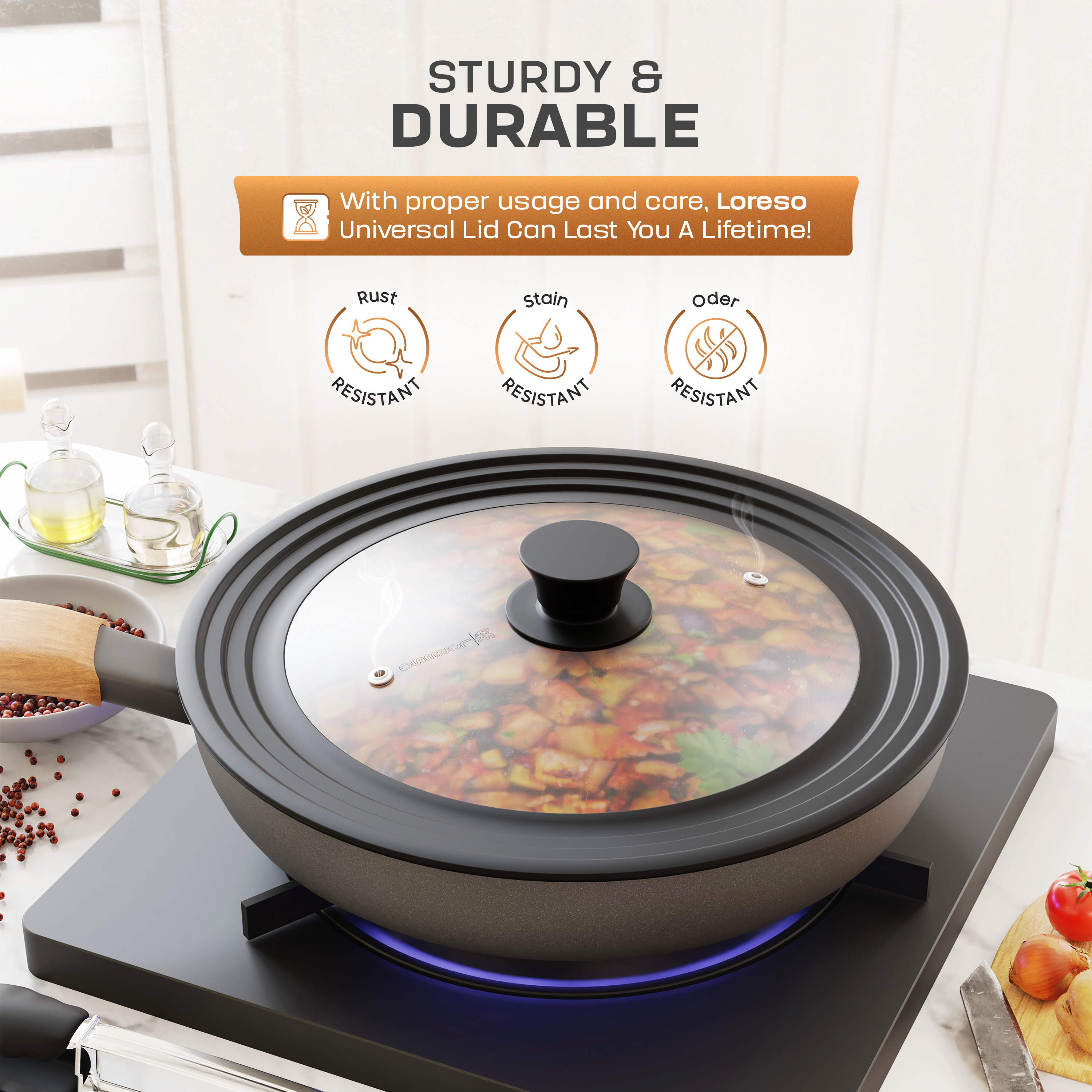 Universal Lid for Pots, Pans & Skillets Size 12", 12.5", 13", 13.5", 14" & 15" Cookwares -Tempered Glass with Silicon Rim-Black