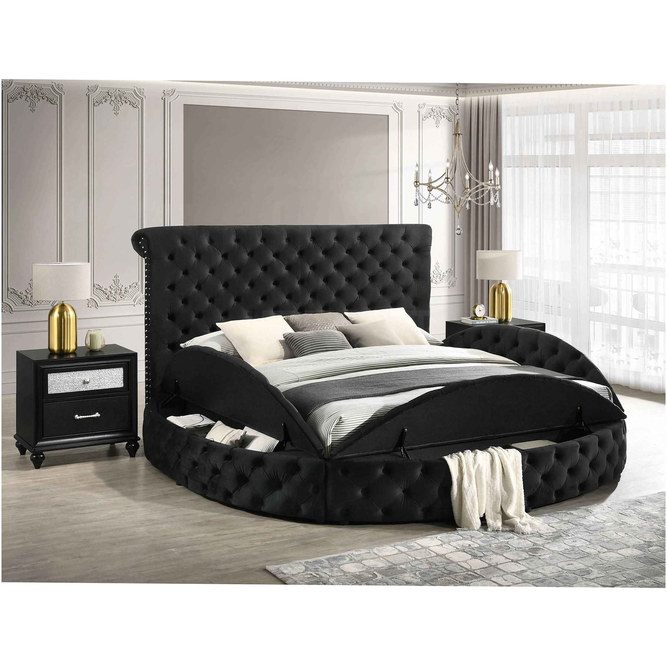 JERFIT King Size Upholstered Bed Frame with Storage, Round Tufted Headboard and Footboard, Modern Glam Velvet Platform Bed, Black