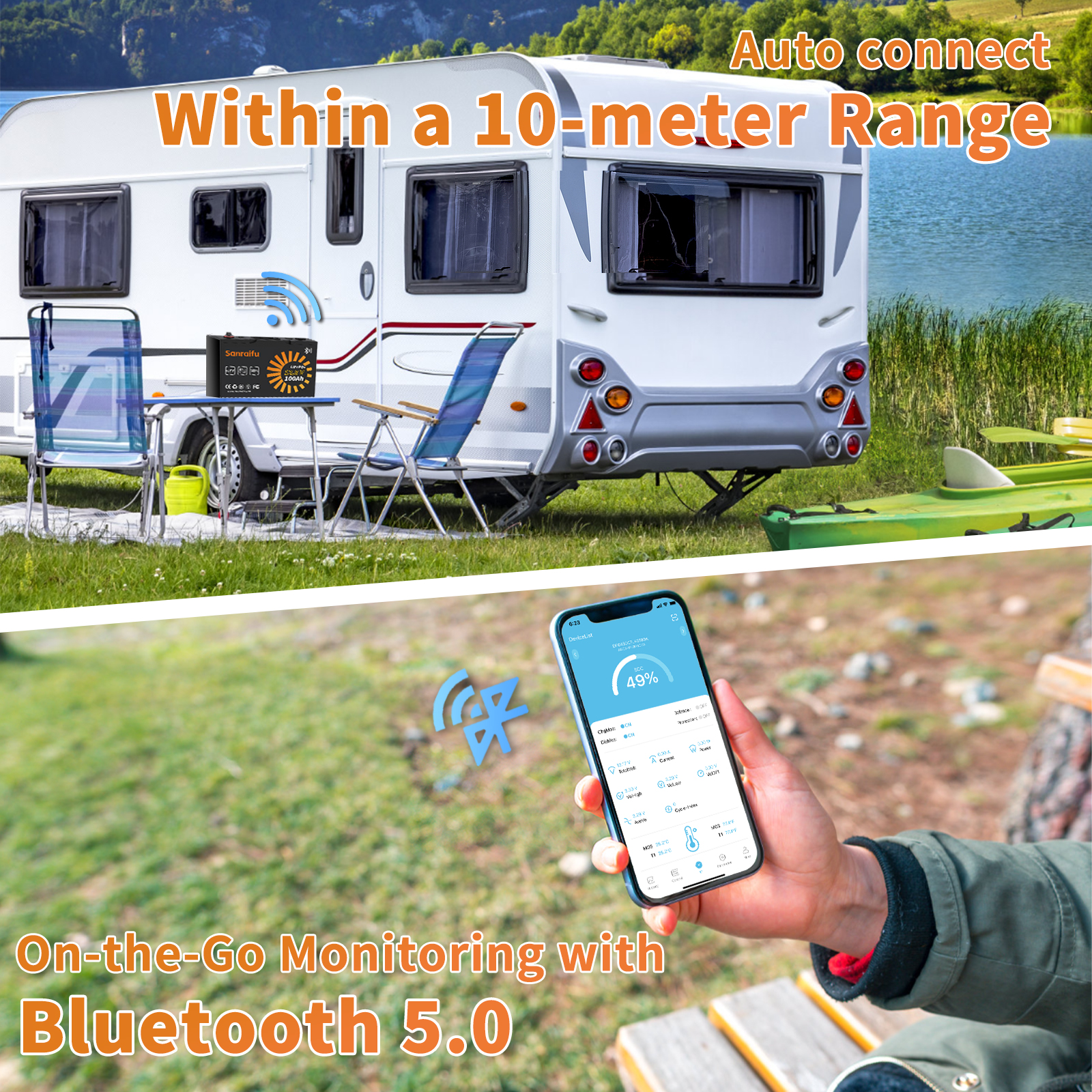 Sanraifu 12V 100AH LiFePO4 Battery, Bluetooth, LCD Display, RV, Boat, Camper, Off-Grid System