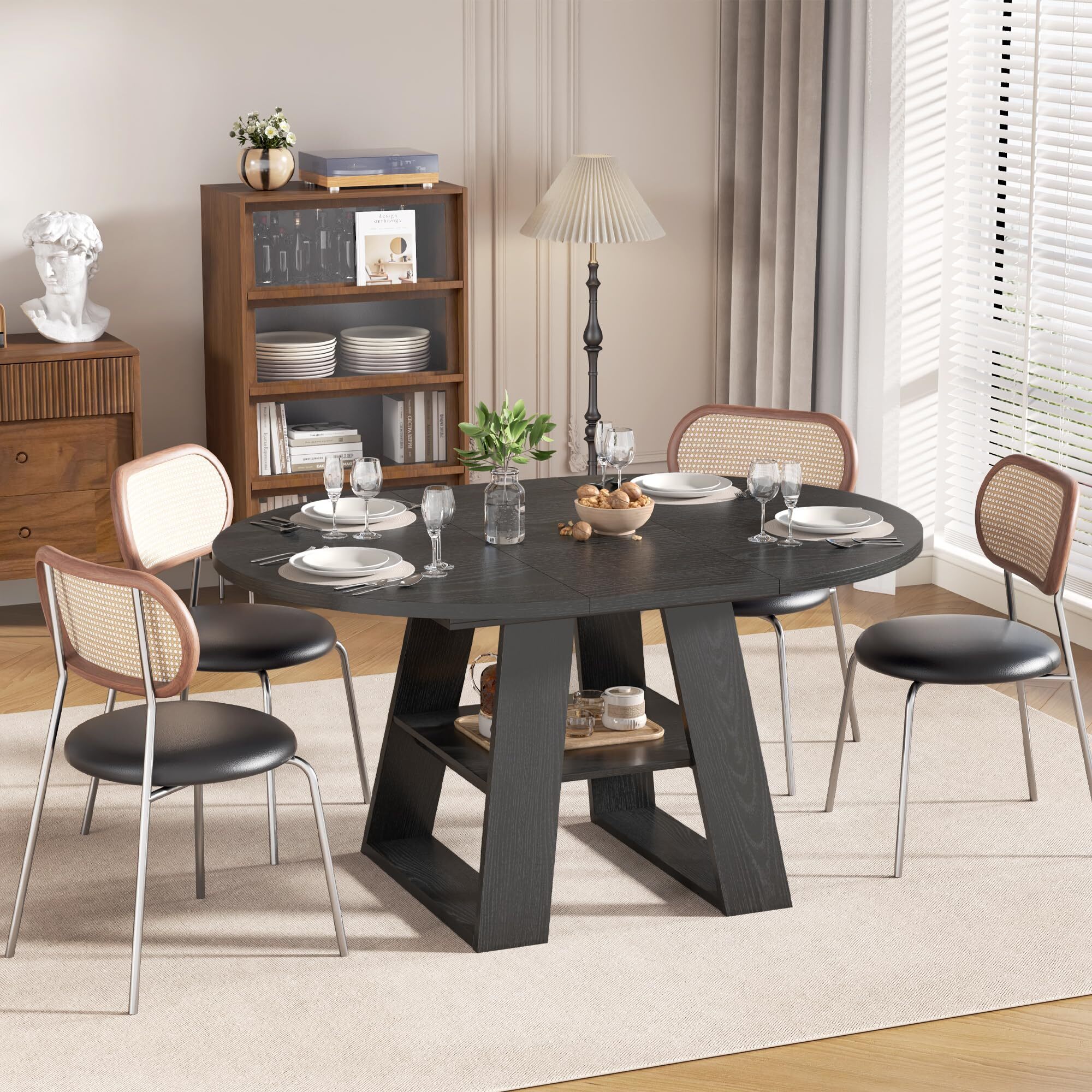 Fsbecl 43.3in-59in Extendable Round Dining Table for 4-8, Space Saving Kitchen Table with Storage Shelf Base, Black
