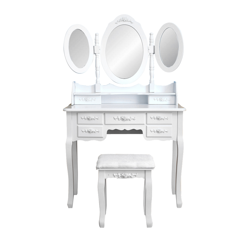 White Civigrape Vanity Set Foldable Table Set Dressing Tables 3 Mirrors with 7 Drawers Makeup Dressing Table with Cushioned Stool for Girls Women