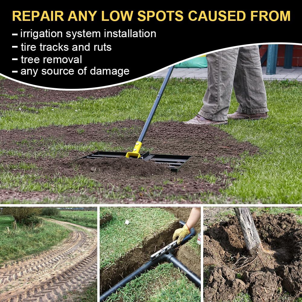 Colwelt Lawn Leveling Rake17'' x10'', Leveling Rake for Soil with 77’’ Adjustable Curved End Grip Handle, Lawn Leveling Tool Yard Leveler for Leveling Soil