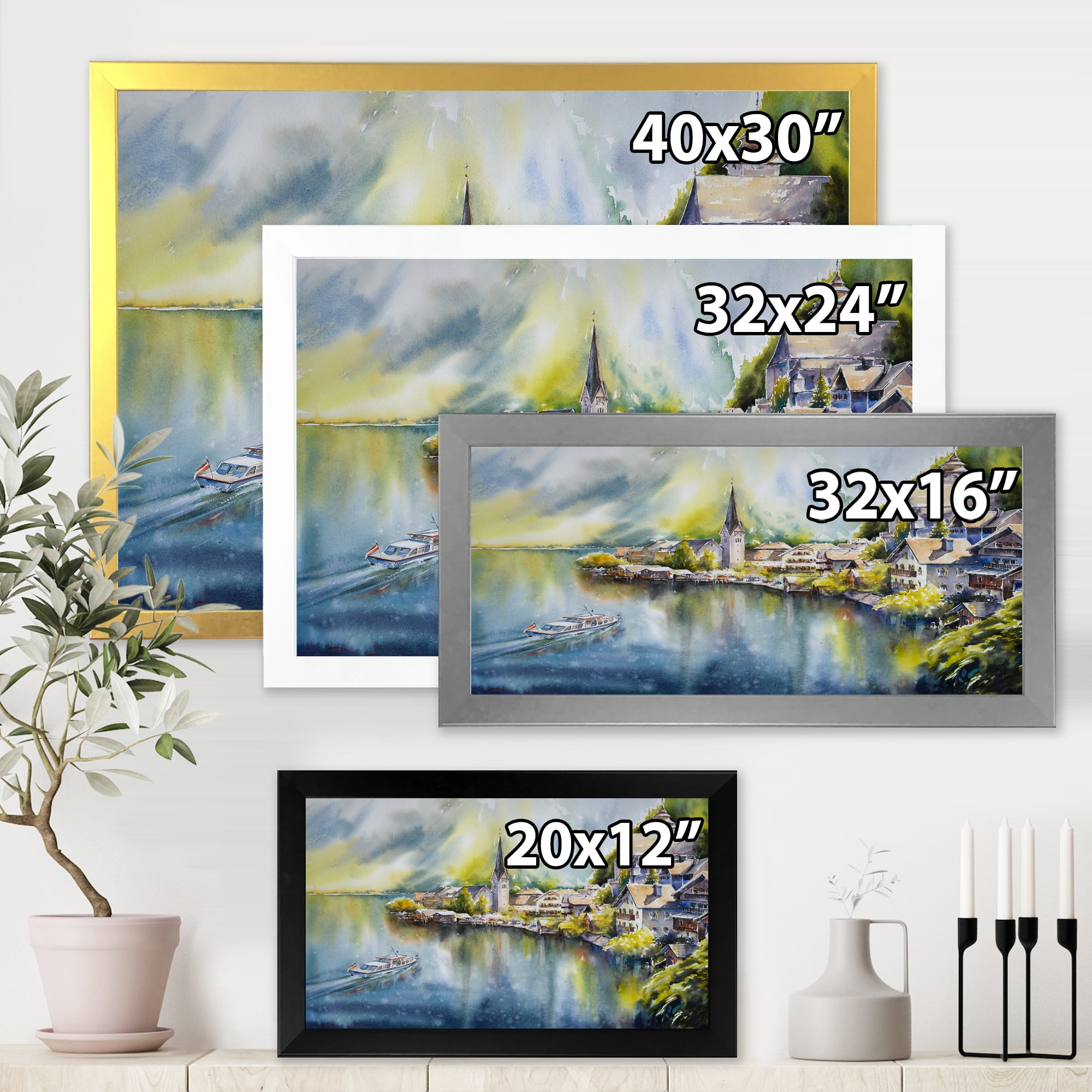 Designart 'The River In Austria Through Mountain Village' Nautical & Coastal Framed Art Print