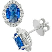 Platinum-Plated Sterling Silver Oval Double-Cut Blue Obsidian Pave CZ Earrings