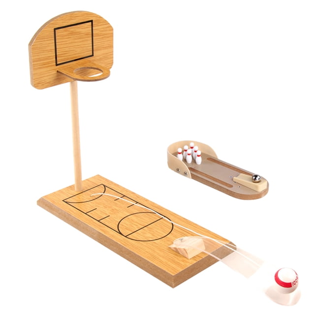 2 Sets Mini Desktop Bowling Toy and Basketball Game Throwing Ball Desktop Game Set Interactive Educational Toy Wooden Toy