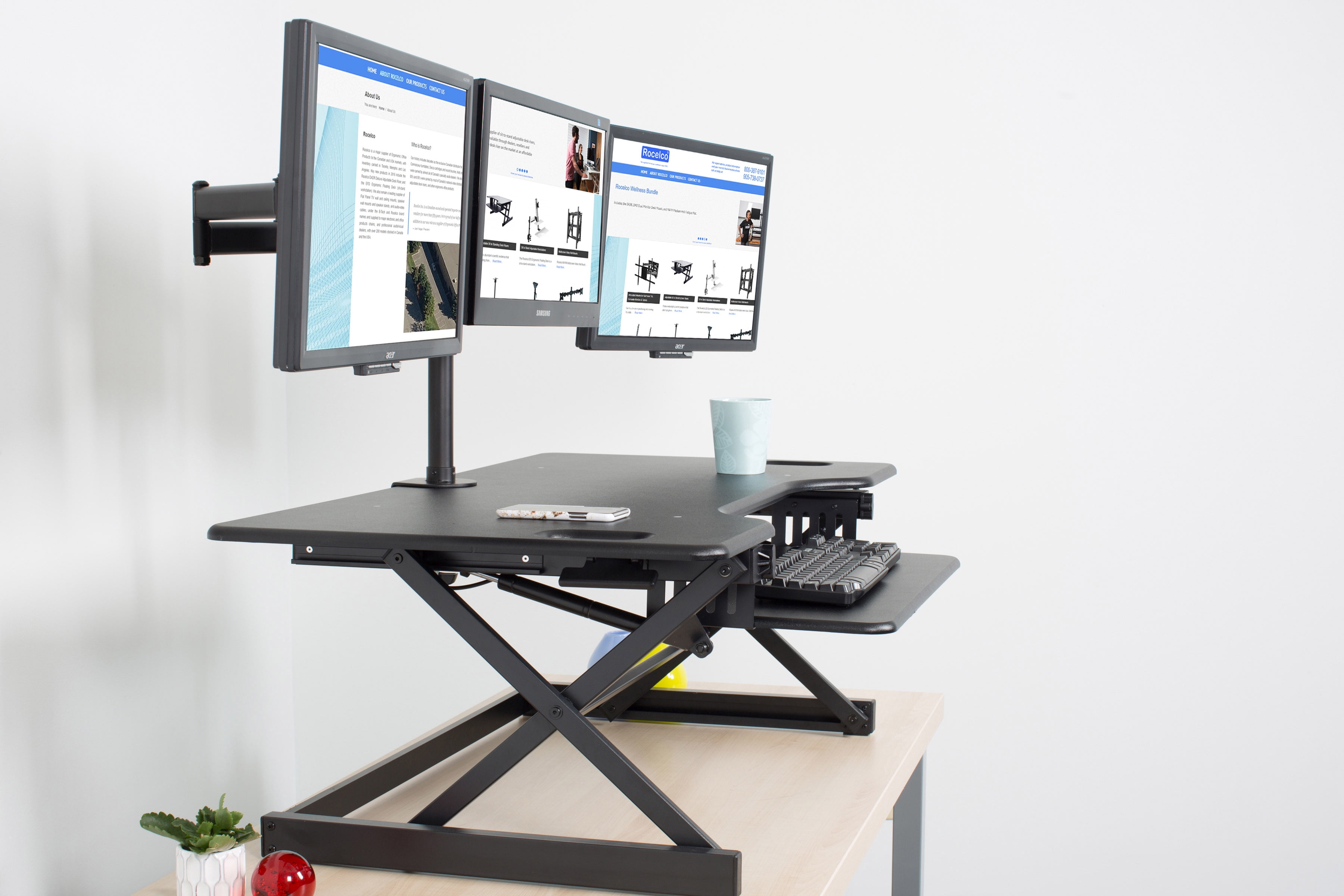 Rocelco 40" Large Height Adjustable Standing Desk Converter with Dual Monitor Mount BUNDLE | Quick Sit Stand Up Computer Workstation Riser | Retractable Keyboard Tray | Black (R DADRB-40-DM2)
