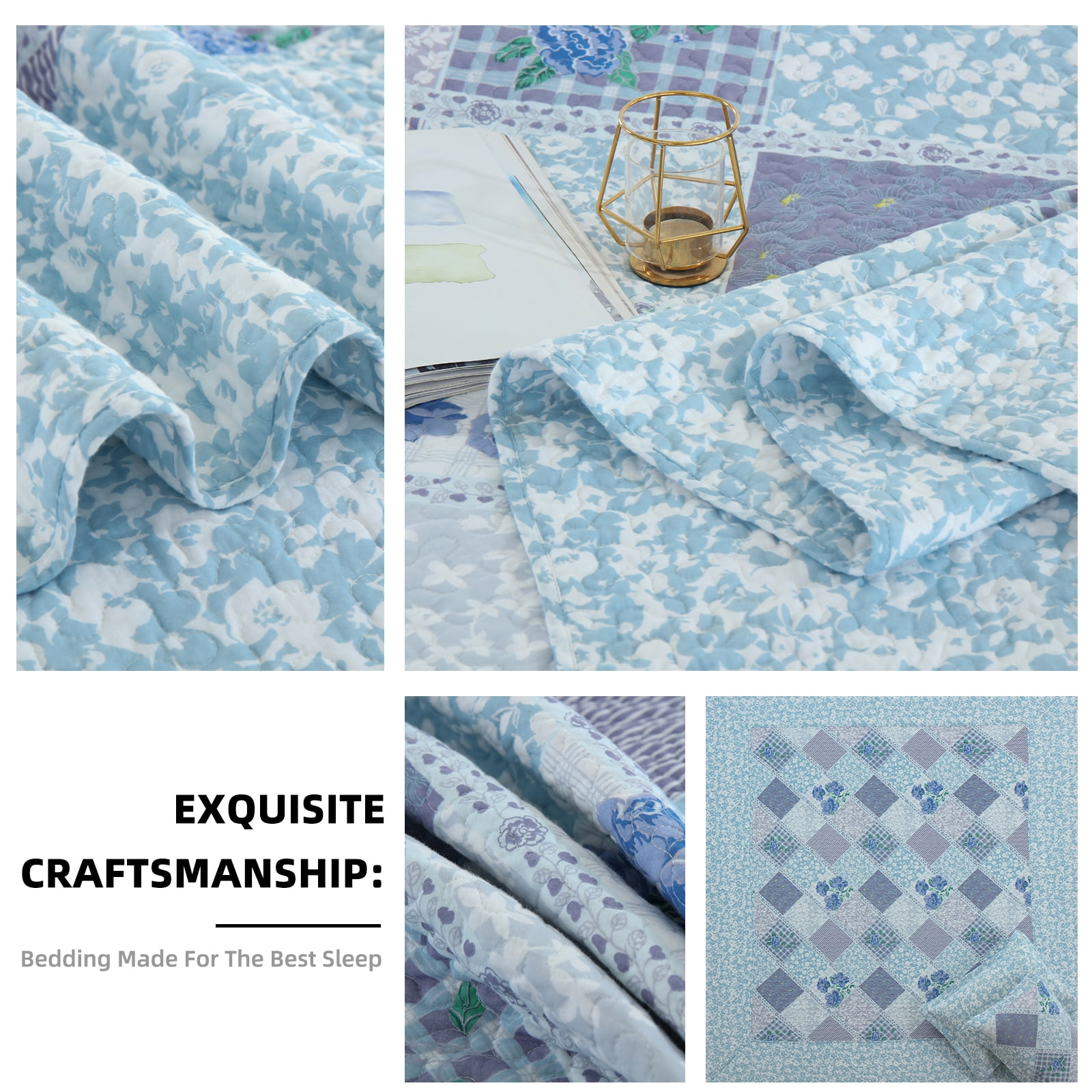 PANGUSHAN 100% Cotton 128"x120" Oversized California King Bedspread Coverlet Quilt Set, Cal King Quilted Bedspread Extra Large Wide Quilt, Floral XL Bed Spread Lightweight Comforter, 3pc, Blue/Violet