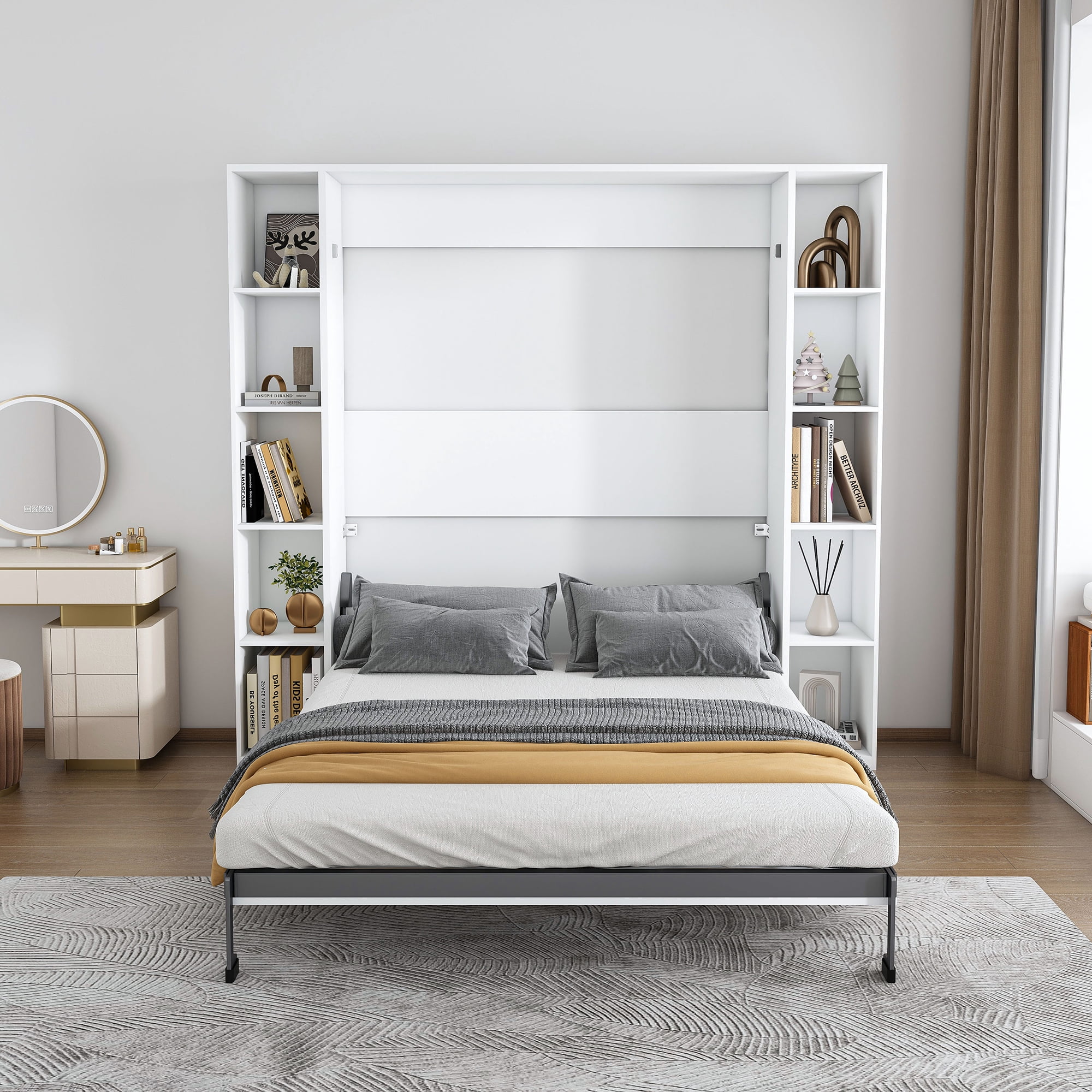 Mintazer Queen Size Murphy Bed with Storage Shelves, Hidden Foldable Wall Bed Frame with Wall Cabinet for Bedroom Guest Room, White